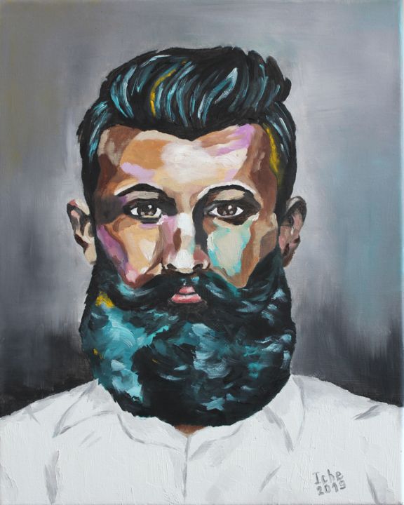 Painting titled "Hipster portrait" by Irina Chernobay, Original Artwork, Oil Mounted on Wood Stretcher frame