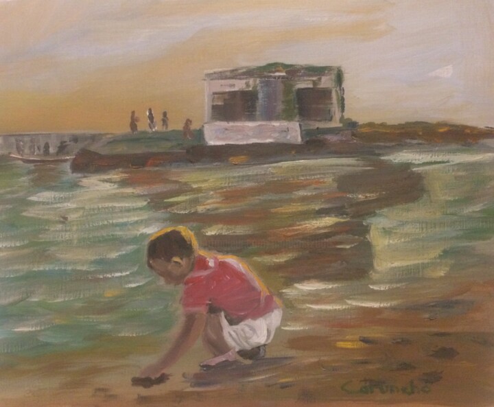 Pintura titulada "Recogiendo conchas" por Mónica Caruncho Fontela, Obra de arte original, Oleo