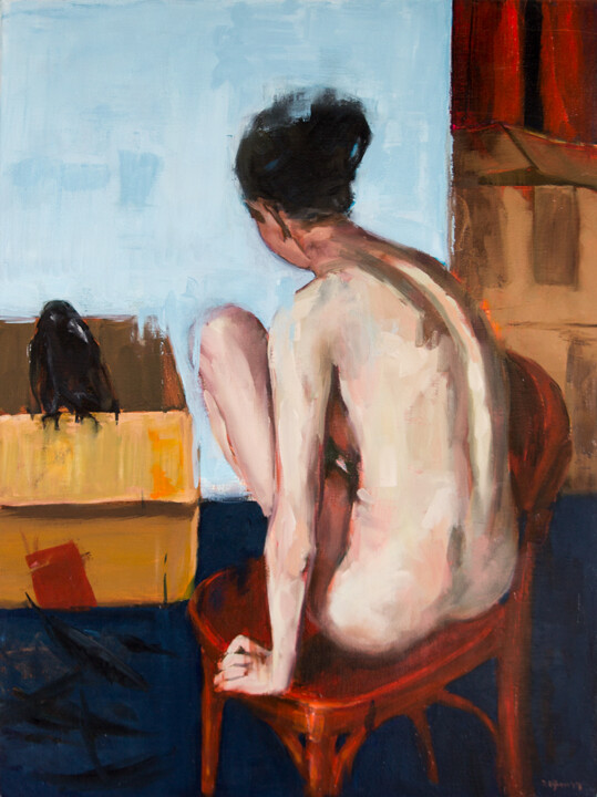 Painting titled "Vrouw met kraai" by Jos Eijken, Original Artwork, Oil Mounted on Wood Stretcher frame