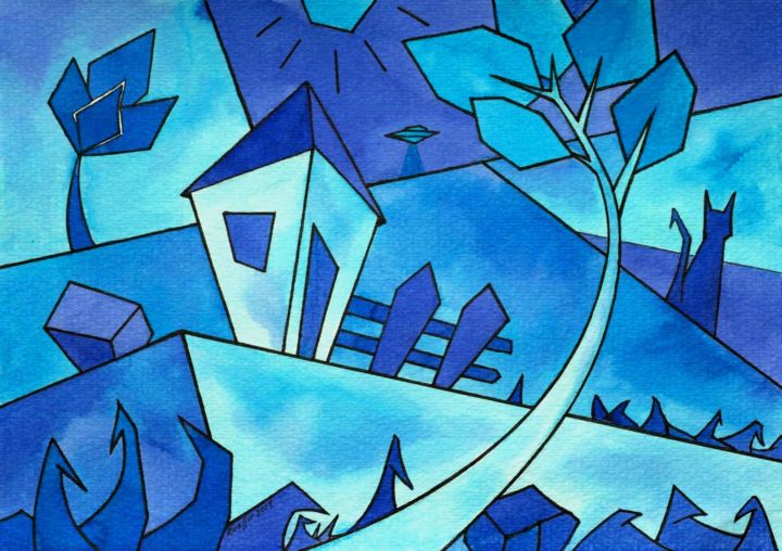绘画 标题为“BLAUER MOND MIT KAT…” 由Miguel Esquivel Kuello, 原创艺术品, 墨