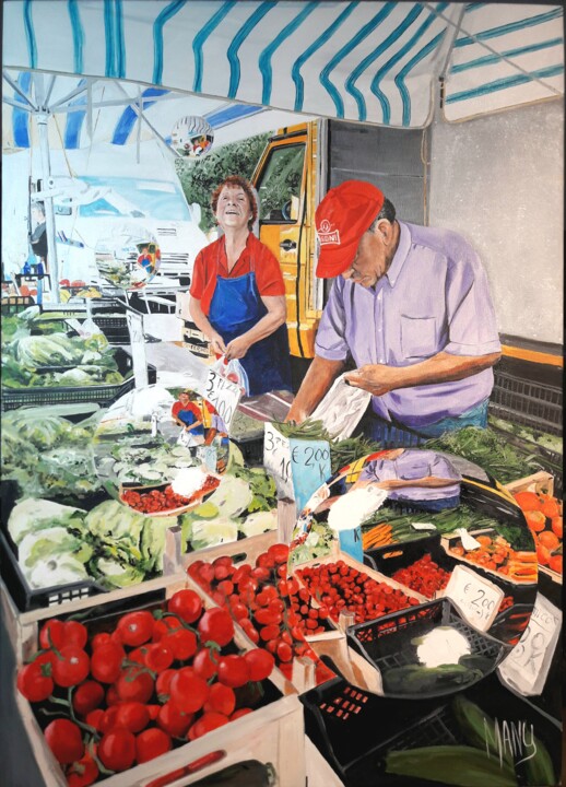 Peinture intitulée "Jour de marché à MA…" par Manu Surreabulliste, Œuvre d'art originale, Huile Monté sur Châssis en bois
