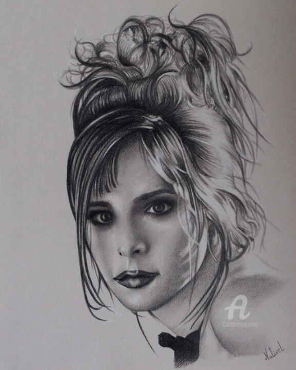 Drawing titled "Mylène Farmer" by Aurélie Nativel, Original Artwork, Pencil