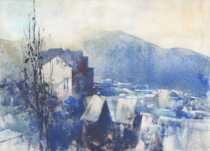 Schilderij getiteld "Manali March" door Kah Wah Chong, Origineel Kunstwerk, Aquarel Gemonteerd op Karton