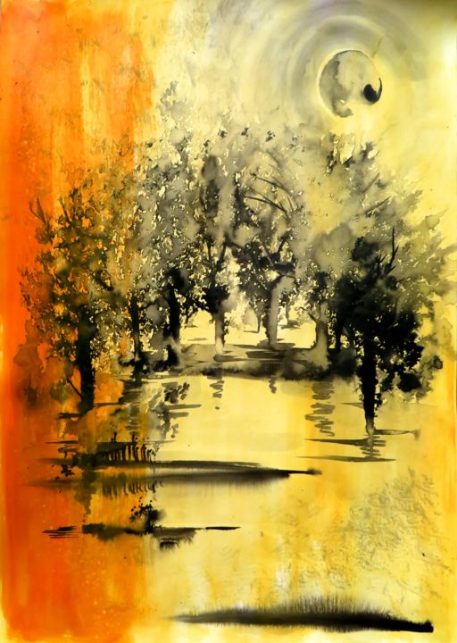 Peinture intitulée "Douceur du soir - e…" par Clau Redier-Clément, Œuvre d'art originale, Encre