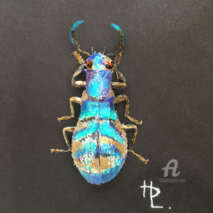 Κολάζ με τίτλο "Tillus elongatus" από Hélène Lacquement, Αυθεντικά έργα τέχνης, Κολάζ Τοποθετήθηκε στο Ξύλινο πάνελ
