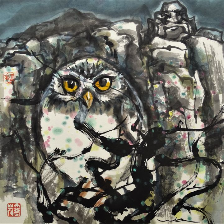 Hibou surréaliste 绘画, 13.8x13.8 in