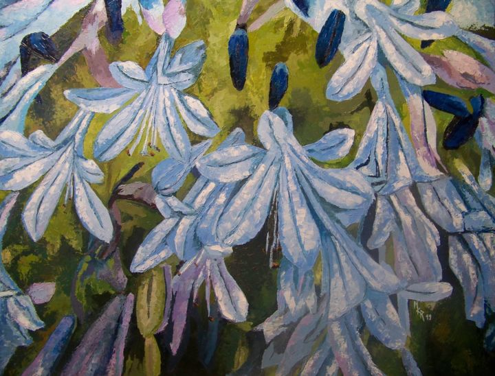 Peinture intitulée "Agapanthes" par Maryse Curinier-Rochette, Œuvre d'art originale, Huile Monté sur Châssis en bois