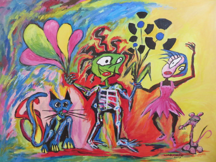 Boy Cat and Black Ballerina 绘画, 23.6x31.9 in