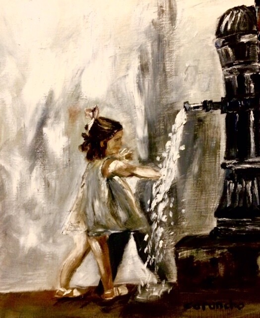 Pintura titulada "Jugando en la fuente" por Mónica Caruncho Fontela, Obra de arte original, Oleo