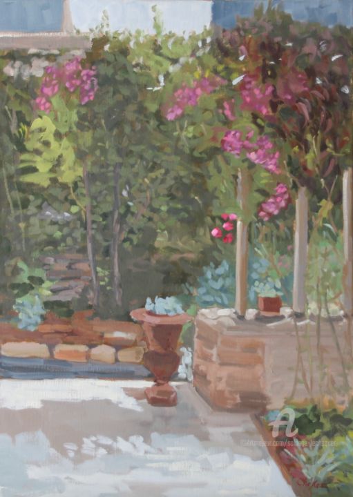 Peinture intitulée "Le Patio à Kerstéph…" par Chéker, Œuvre d'art originale, Huile Monté sur Châssis en bois