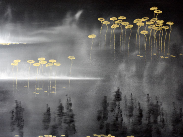 Painting titled "Lilies in Gold (ser…" by Faye Zxz, Original Artwork, Oil