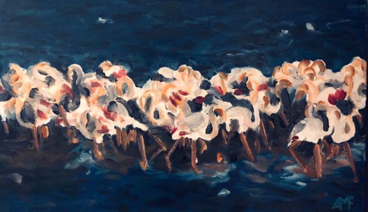 Peinture intitulée "Réveil de flamants…" par Arnaud Feuga, Œuvre d'art originale, Huile