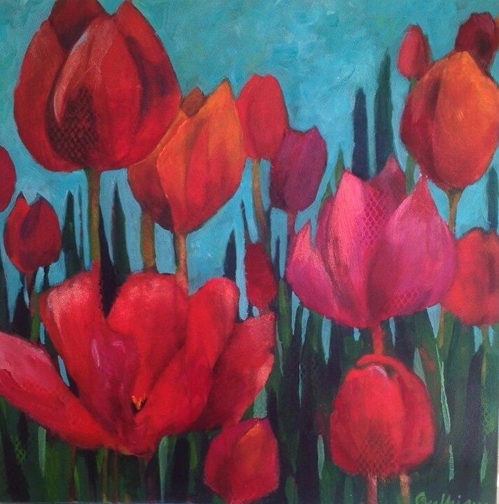 绘画 标题为“Tulipes” 由Florence Oulhiou, 原创艺术品, 丙烯 安装在木质担架架上