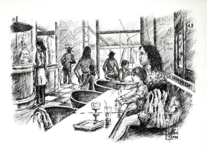 Peinture intitulée "Pause douceur" par Jean-Paul Ramon, Œuvre d'art originale, Encre