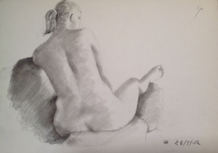 Dibujo titulada "Nu appuyé exécuté a…" por Gérard Rouyer (Gégé), Obra de arte original, Conté