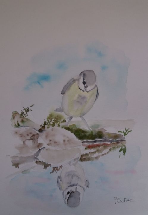 Painting titled "mésange" by Pascale Coutoux, Original Artwork, Watercolor
