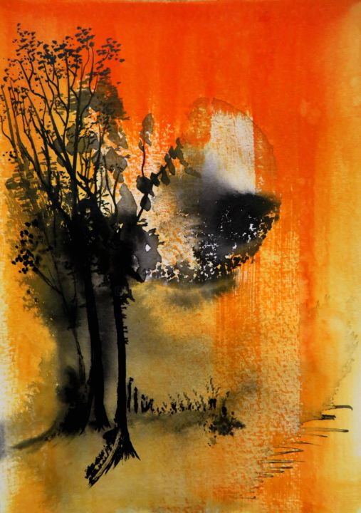 Peinture intitulée "Habitants célestes…" par Clau Redier-Clément, Œuvre d'art originale, Encre Monté sur Carton