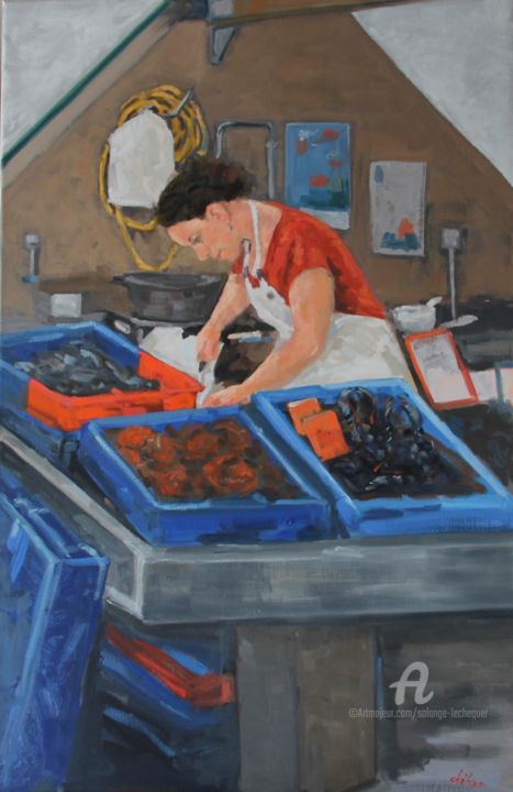 Peinture intitulée "Epouse de Pêcheur a…" par Chéker, Œuvre d'art originale, Huile Monté sur Châssis en bois