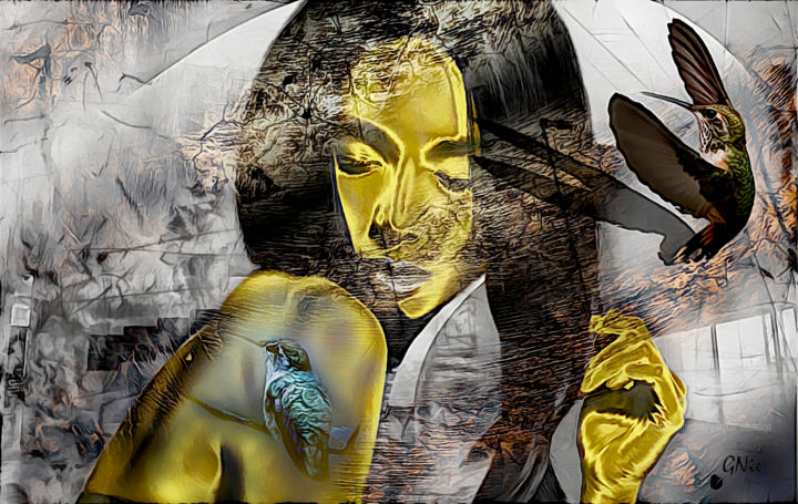 Digitale Kunst mit dem Titel "bird whispering" von Gor Don(Gnie), Original-Kunstwerk, Digitale Malerei