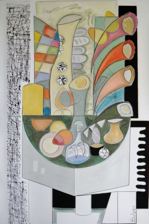 Dessin intitulée "Table verte" par Marc Bulyss, Œuvre d'art originale, Huile