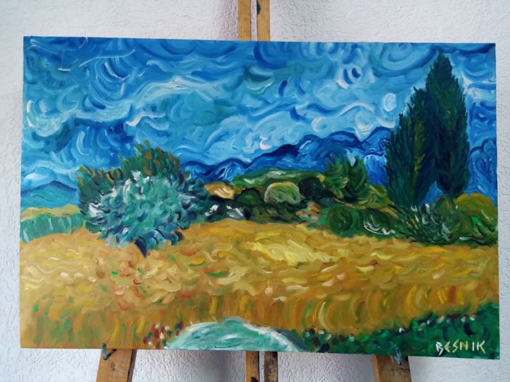 Pittura intitolato "Wheat Field with Cy…" da Besnik Jakuposki, Opera d'arte originale, Olio