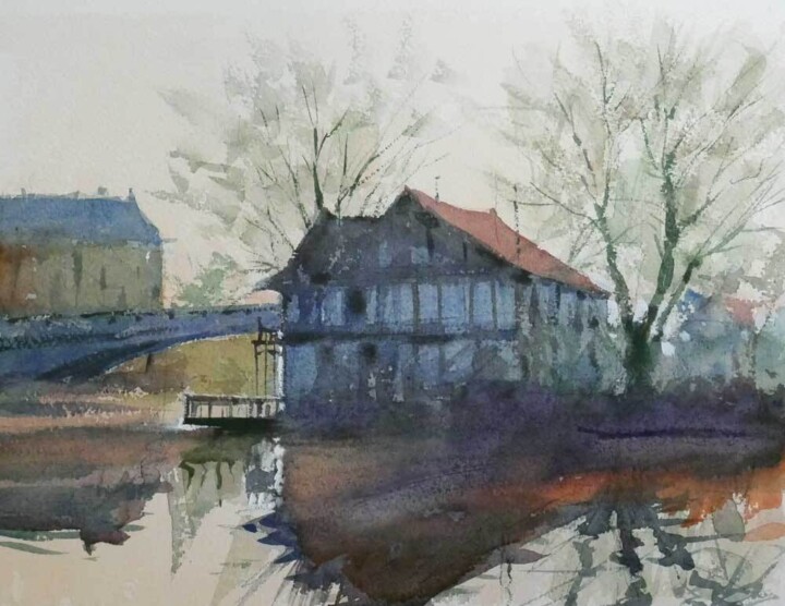 Peinture intitulée "Base nautique de Sa…" par Christian Arnould, Œuvre d'art originale, Aquarelle