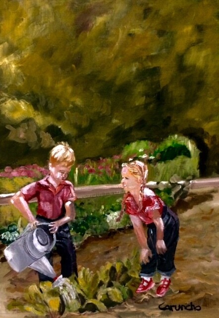 Pintura titulada "Cuidando la huerta" por Mónica Caruncho Fontela, Obra de arte original, Oleo