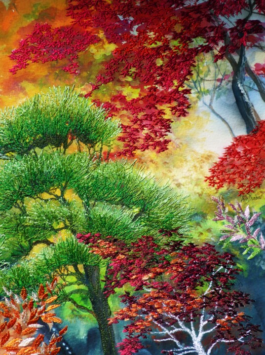 Pintura titulada "Peak of Autumn" por Ann Dunbar, Obra de arte original, Bordado Montado en Cartulina