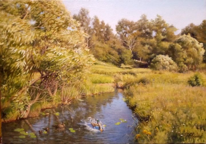 Painting titled "Прудок в Шуе." by Dmitrii Fokeev, Original Artwork, Oil
