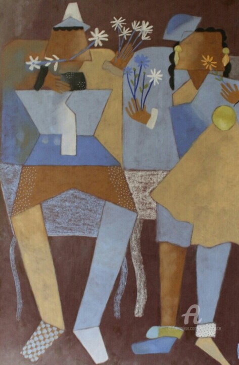 Petits amoureux cubistes en bleu et fleurs