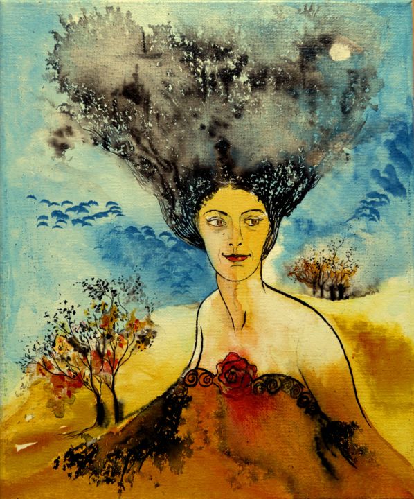 Peinture intitulée "Automne - portrait…" par Clau Redier-Clément, Œuvre d'art originale, Encre Monté sur Châssis en bois