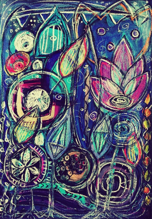 Painting titled "Dancing with Flowers" by Imuni, Original Artwork, Pastel