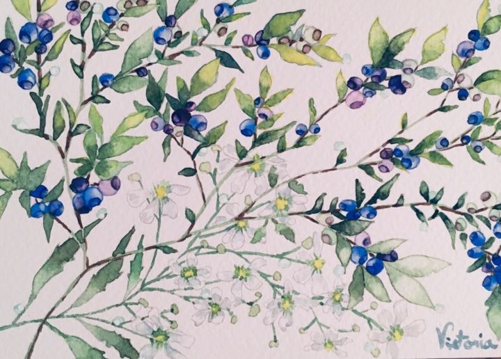 Peinture intitulée "Myrtilles" par Victoria, Œuvre d'art originale, Aquarelle