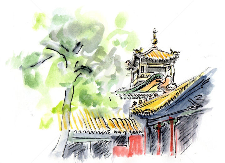 Dessin intitulée "Pékin ,à la Cité in…" par Anne-Marie Mary, Œuvre d'art originale, Aquarelle