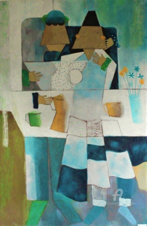 Petits amoureux cubistes,Bleu Blanc Cafetière