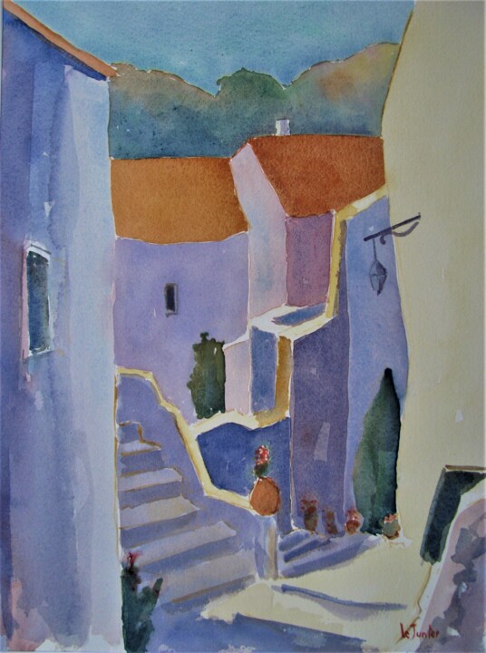 Peinture intitulée "Les Matelles, rue d…" par Jean-Noël Le Junter, Œuvre d'art originale, Aquarelle Monté sur Panneau de bois