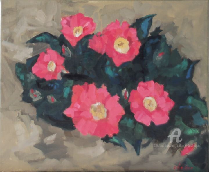 Peinture intitulée "Les Camélia rouges…" par Chéker, Œuvre d'art originale, Huile Monté sur Châssis en bois