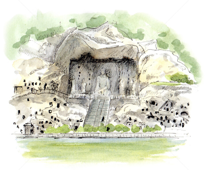 Dessin intitulée "Grottes de Longmen" par Anne-Marie Mary, Œuvre d'art originale, Aquarelle