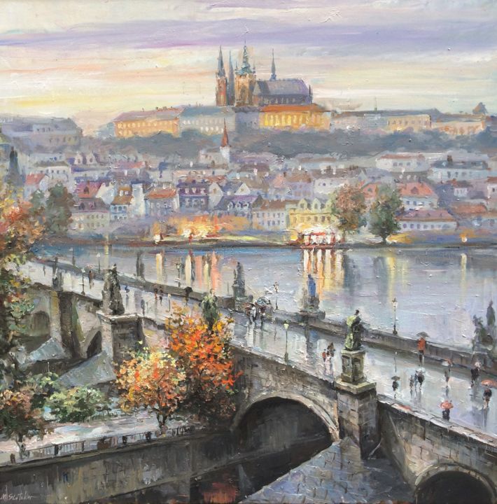Schilderij getiteld "Magic Prague" door Michael Slutsker, Origineel Kunstwerk, Olie