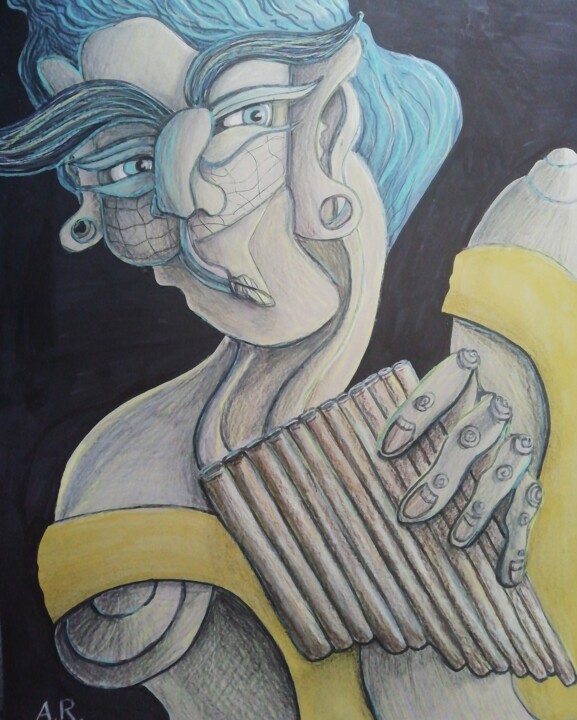 A woman with a flute. 图画, 14.6x11.7 in
