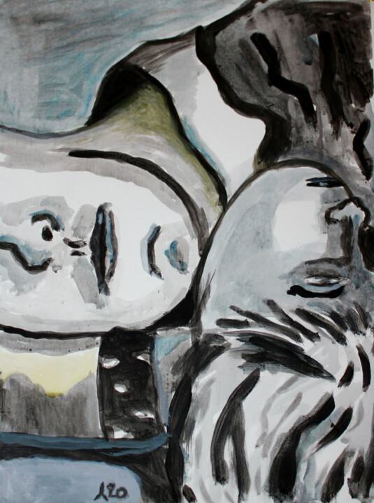 Le Bonheur - Gris 绘画, 16.5x11.8 in