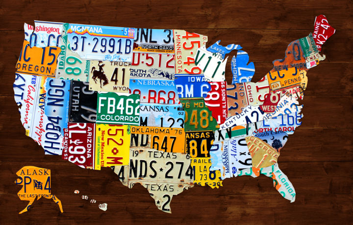Collages intitulée "License Plate Map o…" par Designturnpike, Œuvre d'art originale, Collages