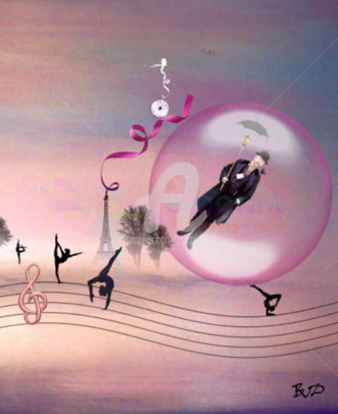 「Erik Satie Gnossien…」というタイトルのデジタルアーツ Béatrice Véronique Doudaによって, オリジナルのアートワーク, デジタル絵画 ウッドストレッチャーフレームにマウント