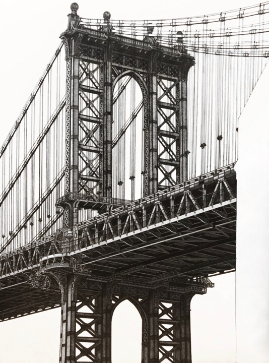 Tekening getiteld "Manhattan Bridge" door Ikrambek Muratbaev, Origineel Kunstwerk, pigmenten