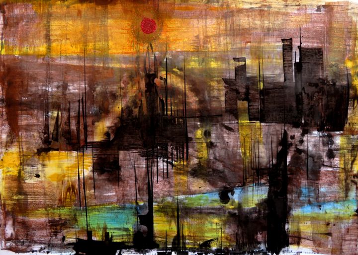 Peinture intitulée "Danse portuaire - p…" par Clau Redier-Clément, Œuvre d'art originale, Encre