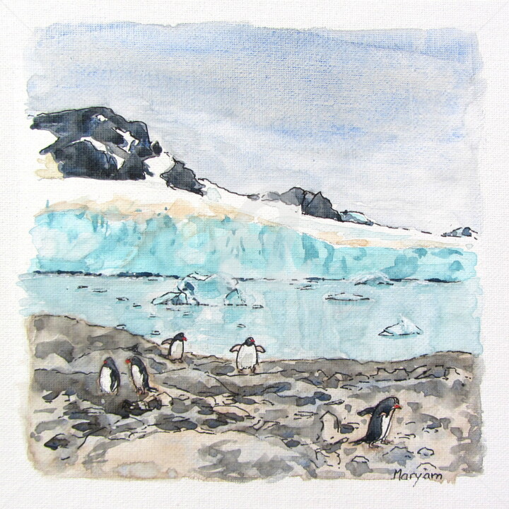 Peinture intitulée "(6)Manchots papous…" par Anne-Marie Mary, Œuvre d'art originale, Aquarelle Monté sur Autre panneau rigide