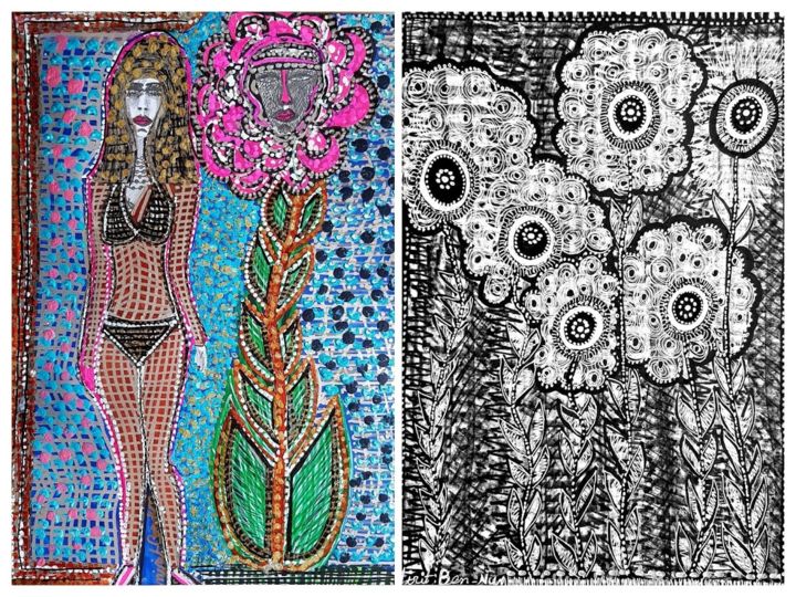 Flores y mujeres obra de arte Mirit Ben-Nun artista moderna 绘画, 9.8x11.8 in