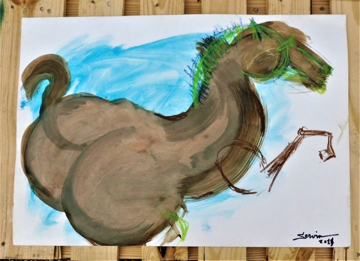 Peinture intitulée "Cheval cabré" par Servin, Œuvre d'art originale, Gouache
