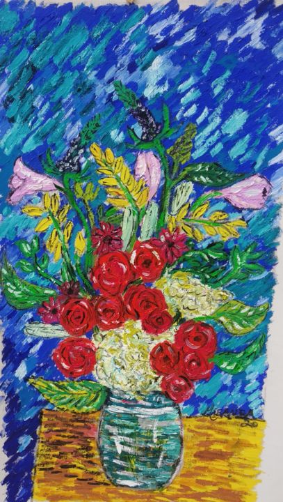 still life - vase with flowers and lilies 绘画, 29.9x16.1 in