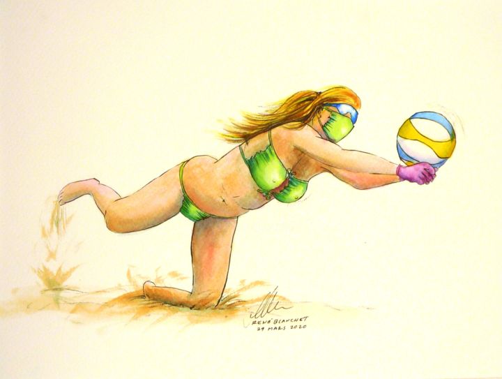 Painting titled "Bikini masques 2020" by René Blanchet, Original Artwork, Ink